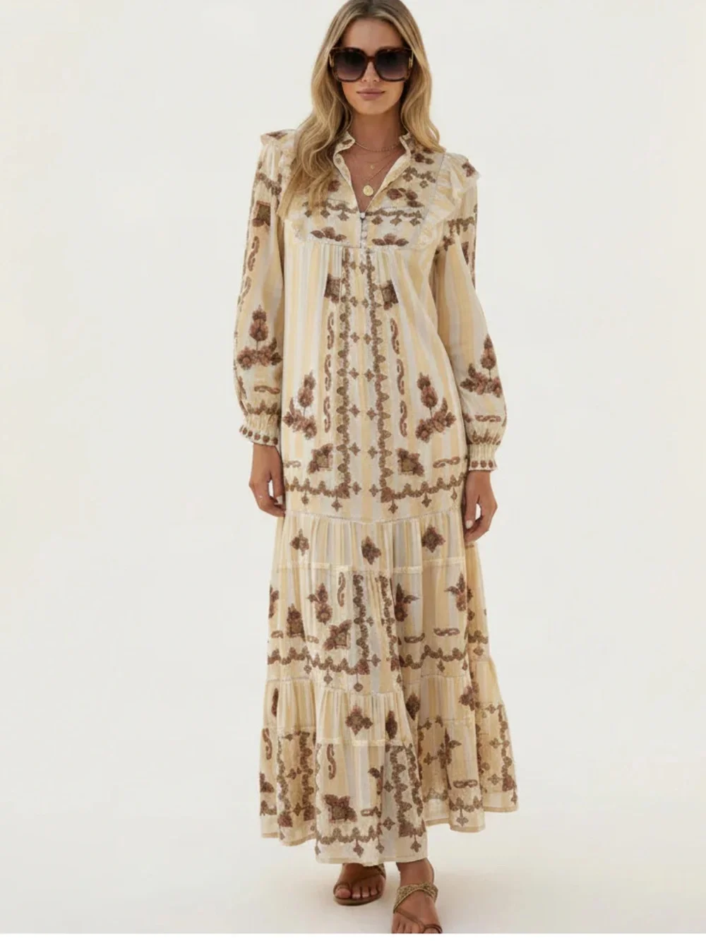 Farm Rio Jacquard Embroidered Ikat Long Sleeve Midi Dress XS - Picture 1 of 16